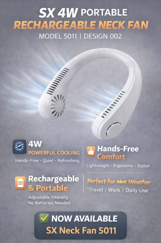 SX 4Watt High Quality Portable Rechargeable Neck Fan Model 5011